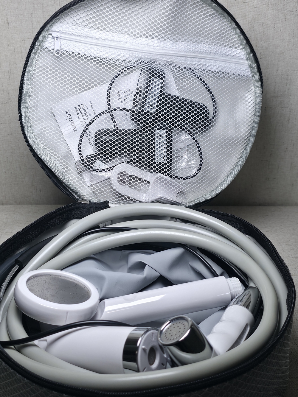 White Handheld Shower Head Kit with Hose and Case